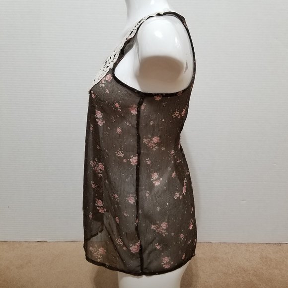 Mudd top Medium floral print sheer sleeeveless crochet lace embellished boho - Picture 2 of 11